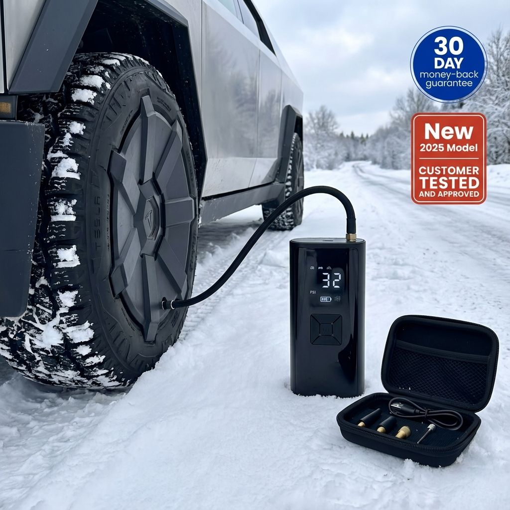 Turbo Pressure Tire Inflator inflating a car tyre in the snow with its carry case