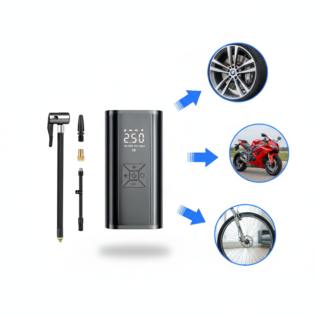 Turbo Pressure Tire Inflator kit with nozzles for car, motorbike and bicycle