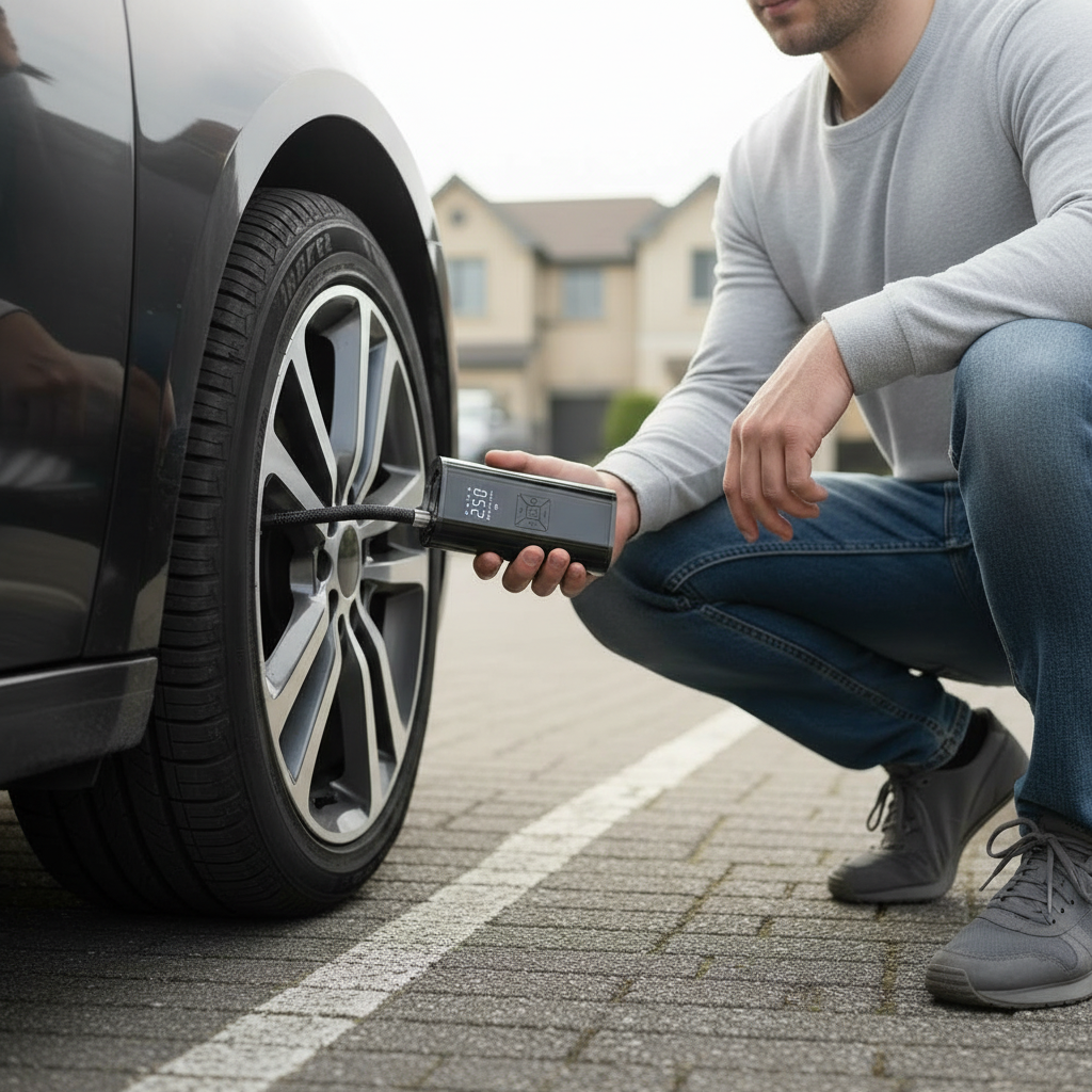 Man using the Turbo Pressure Tire Inflator on a car tyre