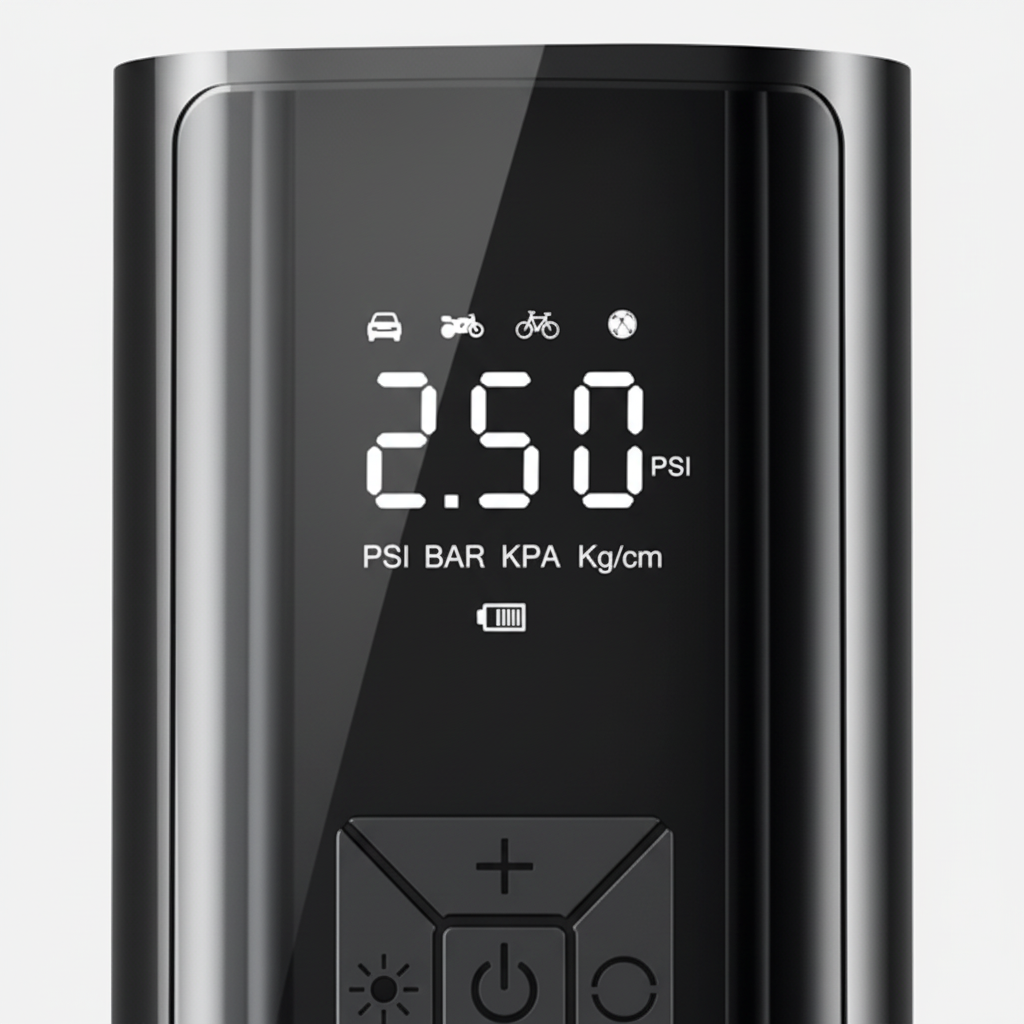 Turbo Pressure Tire Inflator digital display showing PSI, BAR, KPA and Kg/cm units